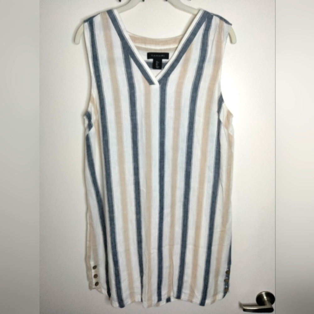 Tahari (Size L) Multicolored Striped Linen Blend V-Neck Sleeveless Button Dress